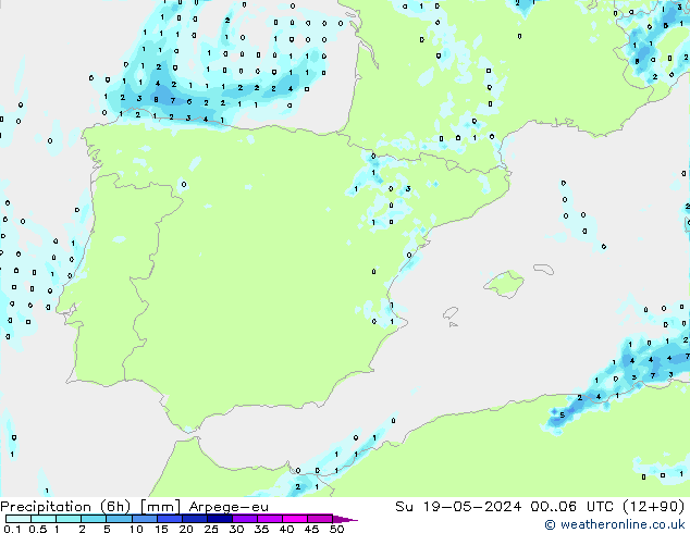 Precipitação (6h) Arpege-eu Dom 19.05.2024 06 UTC