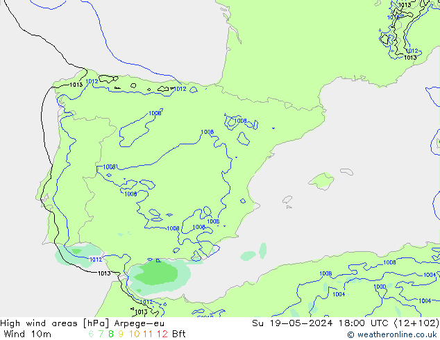 High wind areas Arpege-eu Dom 19.05.2024 18 UTC