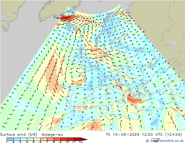 Surface wind (bft) Arpege-eu Th 16.05.2024 12 UTC