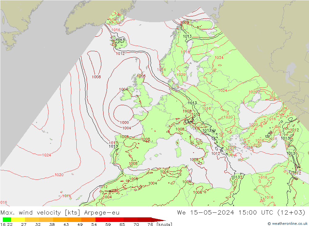 Max. wind velocity Arpege-eu mié 15.05.2024 15 UTC