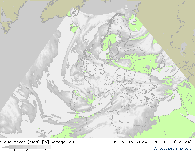 Cloud cover (high) Arpege-eu Th 16.05.2024 12 UTC