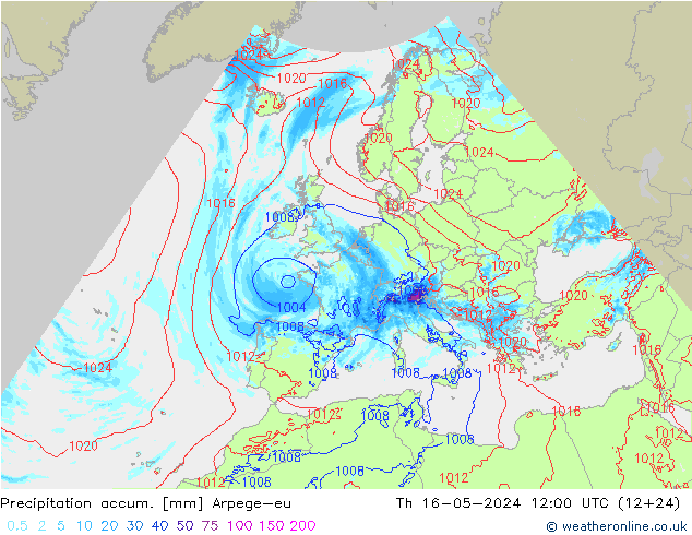 Precipitation accum. Arpege-eu Th 16.05.2024 12 UTC