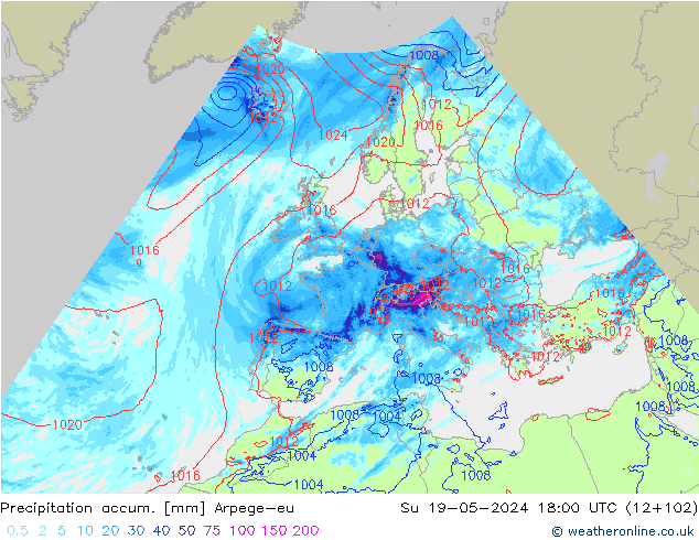 Precipitation accum. Arpege-eu Su 19.05.2024 18 UTC