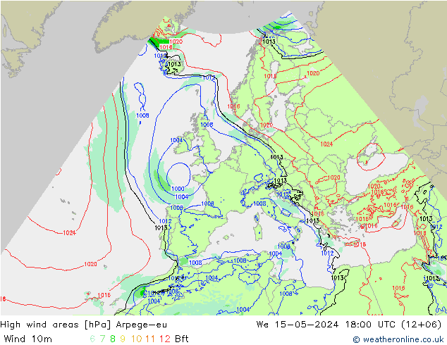 High wind areas Arpege-eu We 15.05.2024 18 UTC