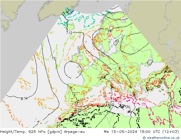 Géop./Temp. 925 hPa Arpege-eu mer 15.05.2024 15 UTC