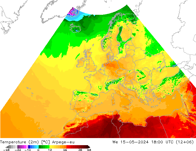 mapa temperatury (2m) Arpege-eu śro. 15.05.2024 18 UTC