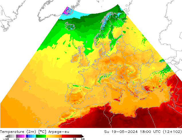 mapa temperatury (2m) Arpege-eu nie. 19.05.2024 18 UTC