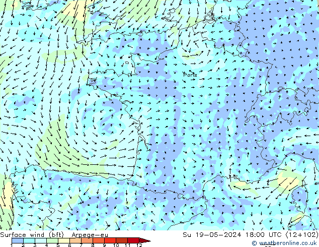 Surface wind (bft) Arpege-eu Su 19.05.2024 18 UTC