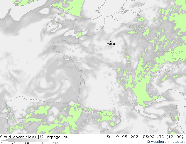 Cloud cover (low) Arpege-eu Su 19.05.2024 06 UTC
