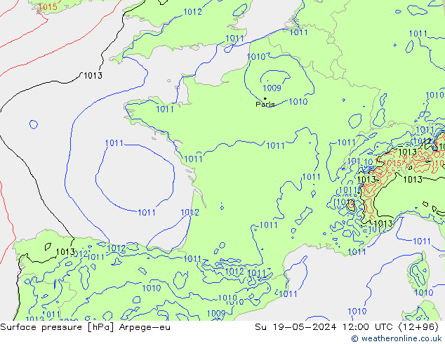 Pressione al suolo Arpege-eu dom 19.05.2024 12 UTC