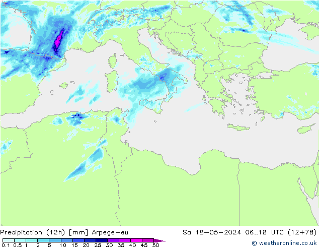 Precipitación (12h) Arpege-eu sáb 18.05.2024 18 UTC