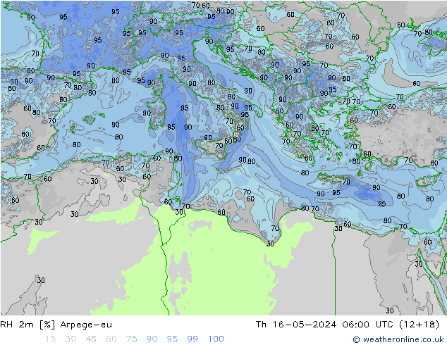 Humidité rel. 2m Arpege-eu jeu 16.05.2024 06 UTC