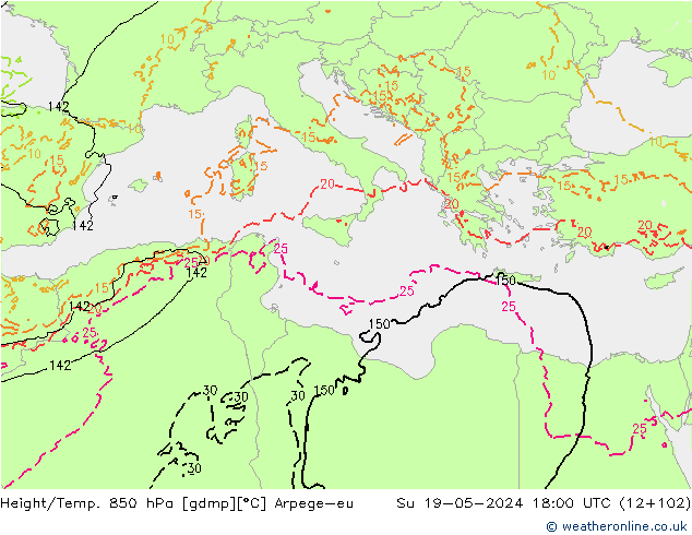 Yükseklik/Sıc. 850 hPa Arpege-eu Paz 19.05.2024 18 UTC