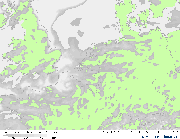 Cloud cover (low) Arpege-eu Su 19.05.2024 18 UTC