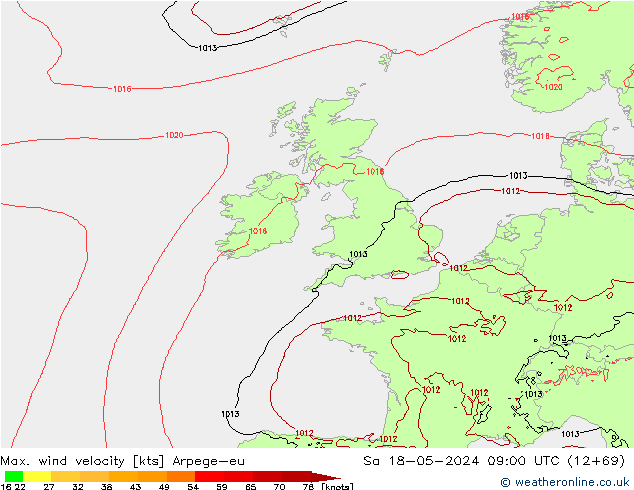 Max. wind velocity Arpege-eu sab 18.05.2024 09 UTC