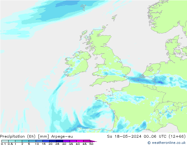 Precipitazione (6h) Arpege-eu sab 18.05.2024 06 UTC