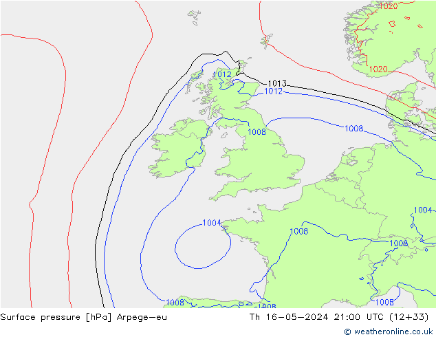Atmosférický tlak Arpege-eu Čt 16.05.2024 21 UTC