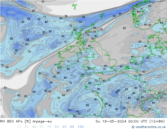 Humidité rel. 850 hPa Arpege-eu dim 19.05.2024 00 UTC
