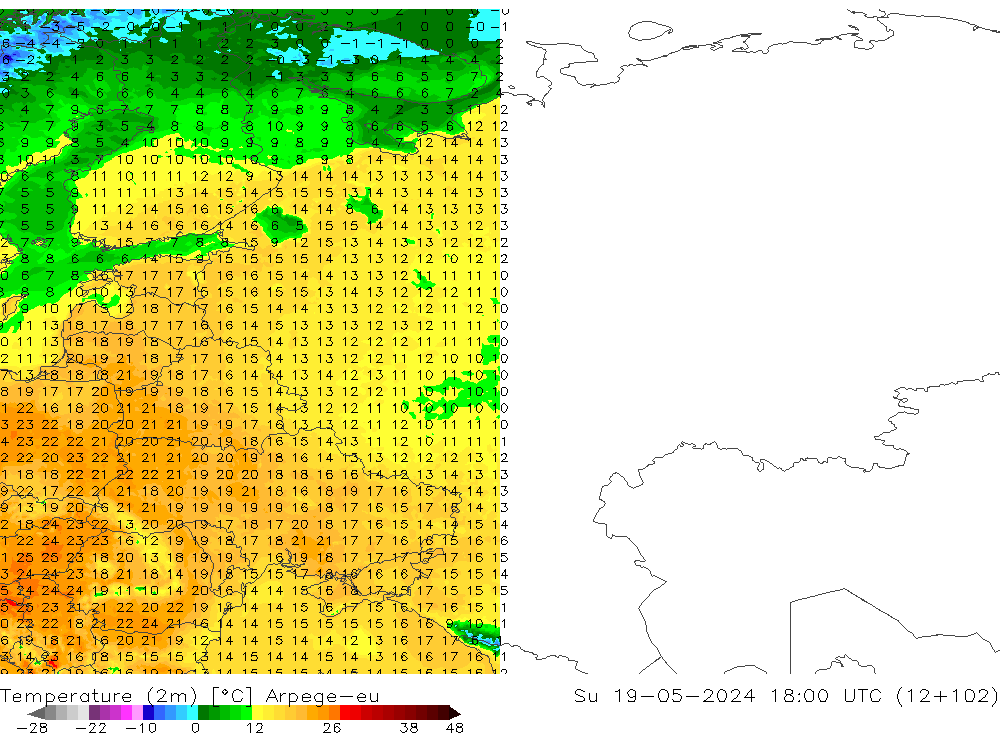 Temperatuurkaart (2m) Arpege-eu zo 19.05.2024 18 UTC