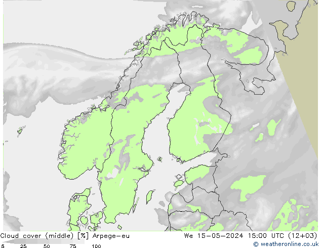 Cloud cover (middle) Arpege-eu We 15.05.2024 15 UTC