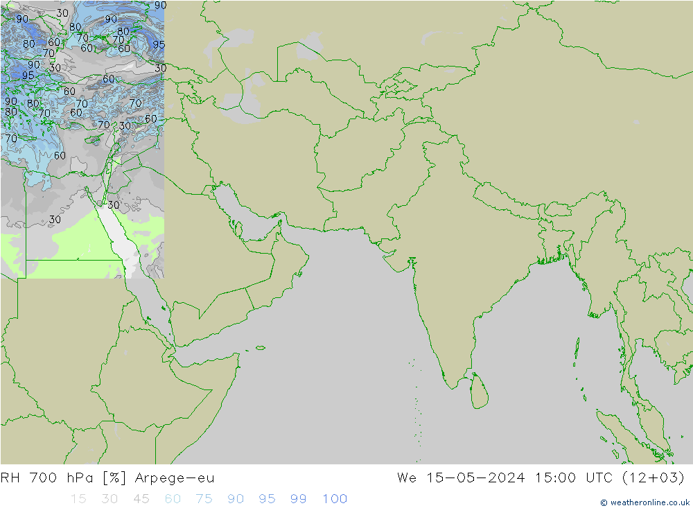 RH 700 hPa Arpege-eu 星期三 15.05.2024 15 UTC