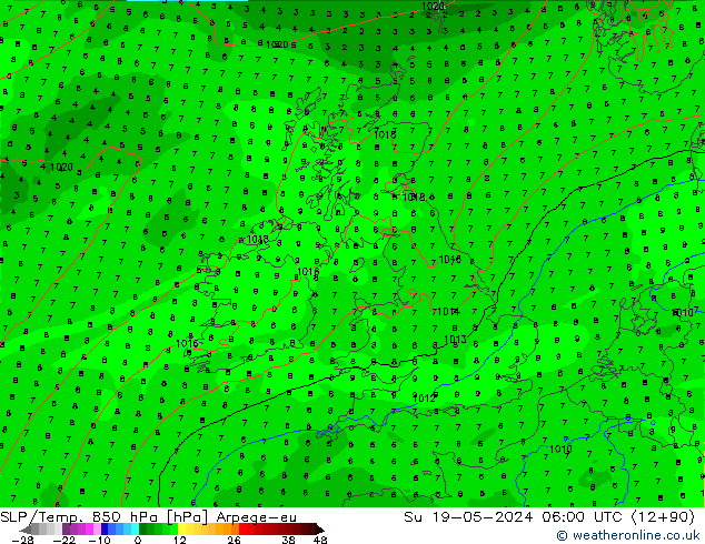 SLP/Temp. 850 гПа Arpege-eu Вс 19.05.2024 06 UTC