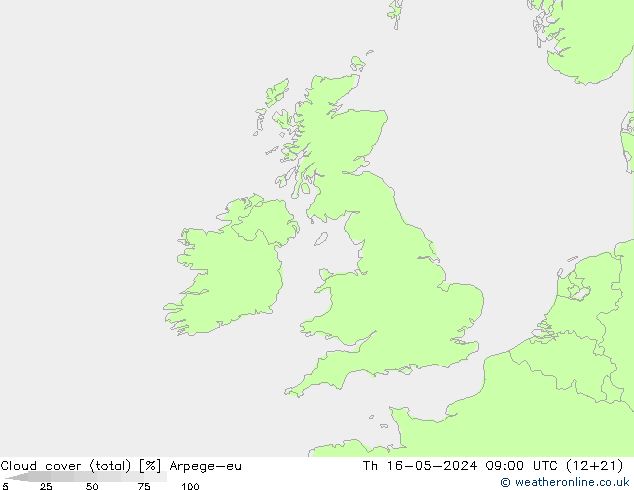 Cloud cover (total) Arpege-eu Čt 16.05.2024 09 UTC