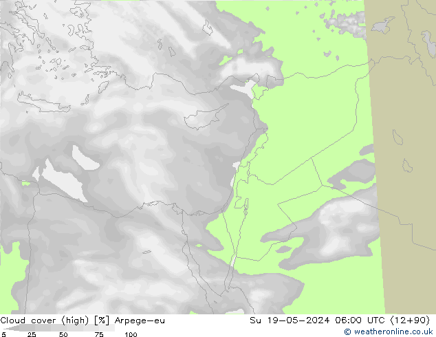Cloud cover (high) Arpege-eu Su 19.05.2024 06 UTC