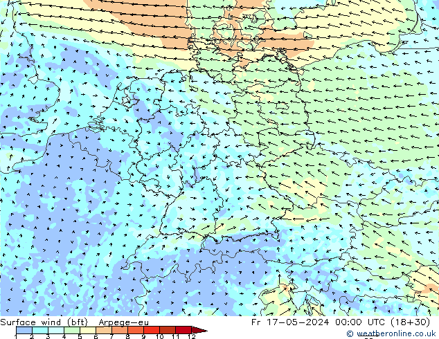 Wind 10 m (bft) Arpege-eu vr 17.05.2024 00 UTC