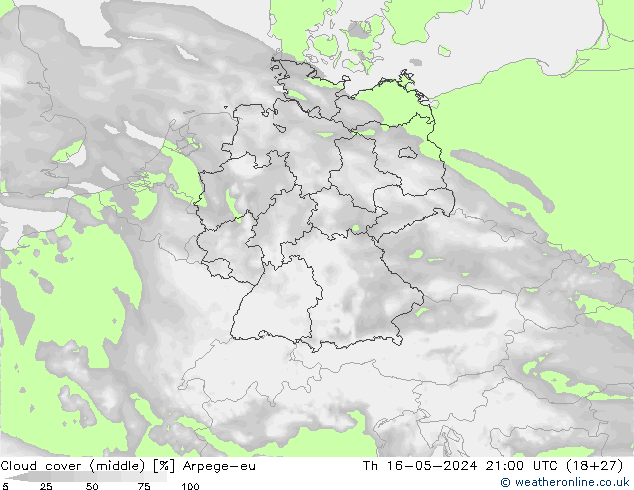 Cloud cover (middle) Arpege-eu Th 16.05.2024 21 UTC