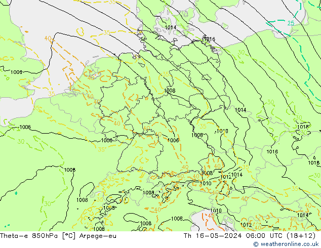 Theta-e 850hPa Arpege-eu jue 16.05.2024 06 UTC