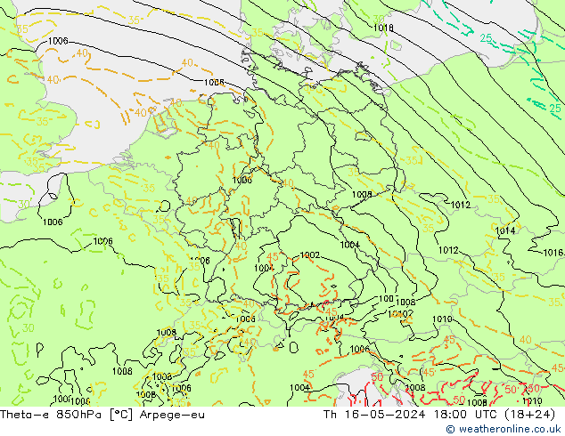 Theta-e 850hPa Arpege-eu Do 16.05.2024 18 UTC