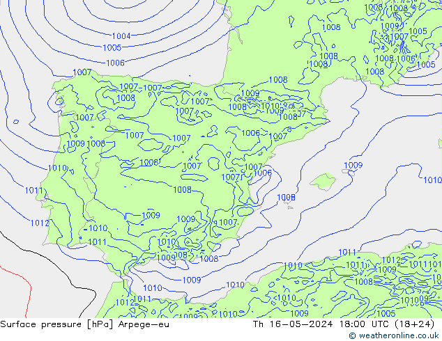 Pressione al suolo Arpege-eu gio 16.05.2024 18 UTC