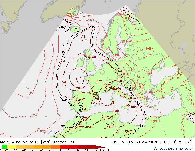 Max. wind velocity Arpege-eu jue 16.05.2024 06 UTC