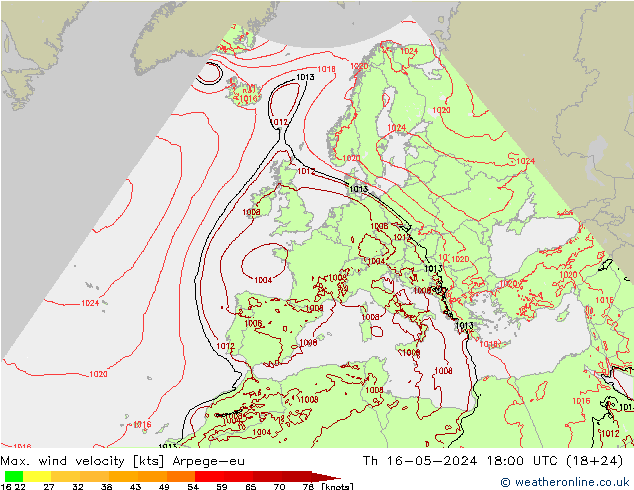 Max. wind velocity Arpege-eu чт 16.05.2024 18 UTC