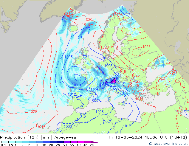 Precipitation (12h) Arpege-eu Th 16.05.2024 06 UTC