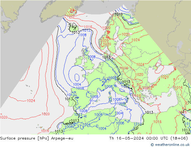 地面气压 Arpege-eu 星期四 16.05.2024 00 UTC