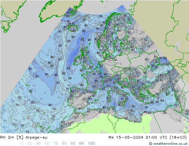 Humidité rel. 2m Arpege-eu mer 15.05.2024 21 UTC