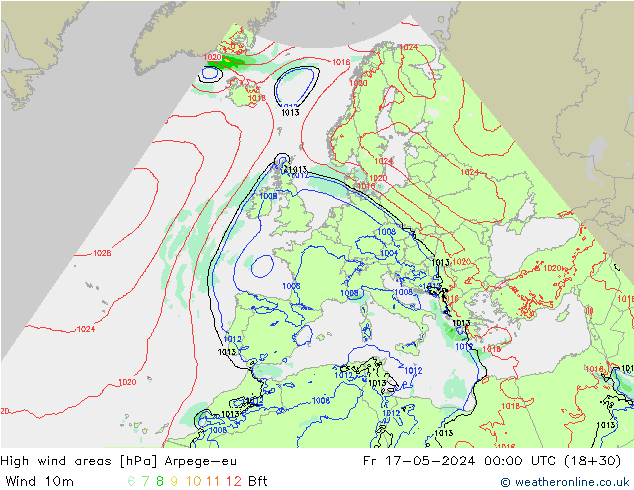 High wind areas Arpege-eu ven 17.05.2024 00 UTC