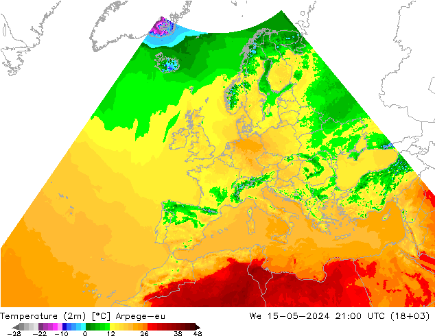 Temperatura (2m) Arpege-eu mer 15.05.2024 21 UTC