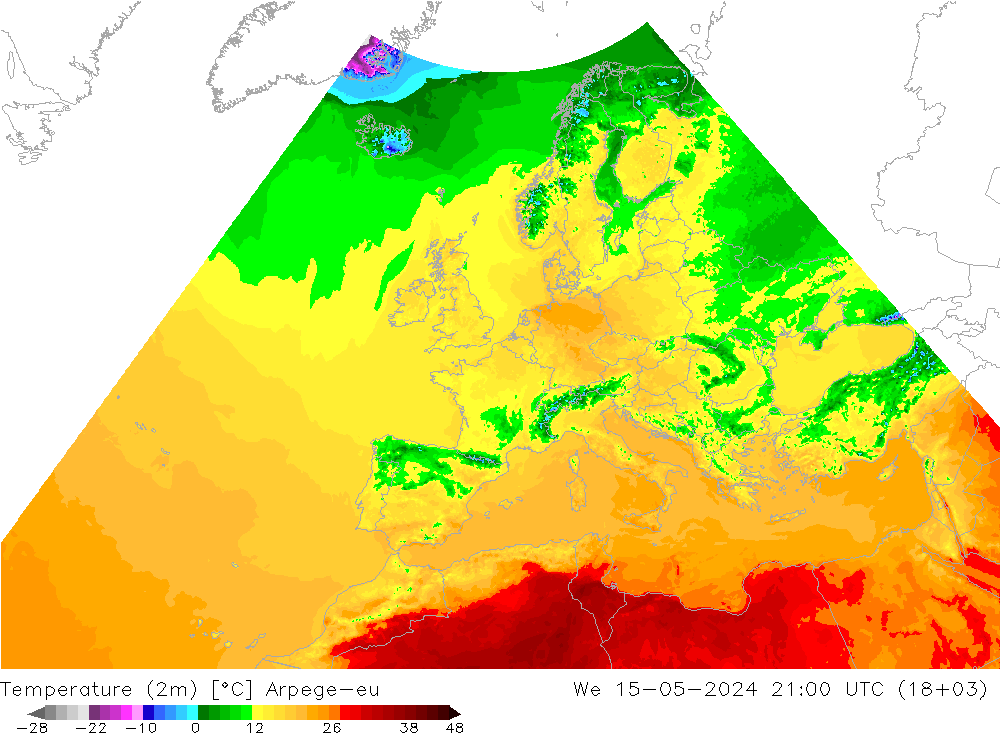 Temperatura (2m) Arpege-eu mié 15.05.2024 21 UTC