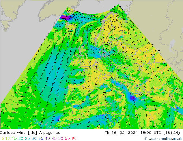 ветер 10 m Arpege-eu чт 16.05.2024 18 UTC