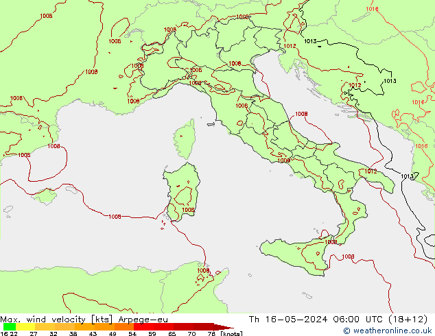 Max. wind velocity Arpege-eu Čt 16.05.2024 06 UTC