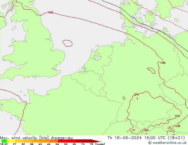 Max. wind velocity Arpege-eu gio 16.05.2024 15 UTC
