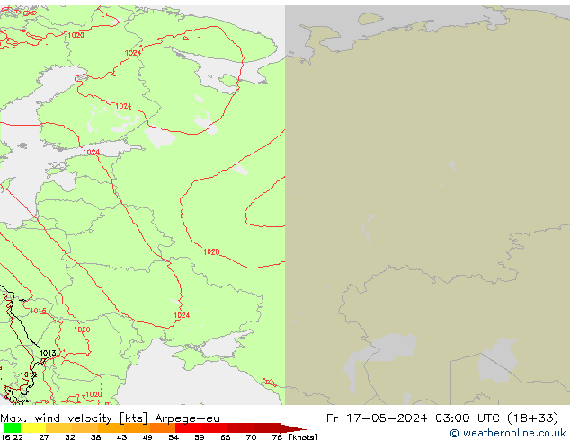 Max. wind velocity Arpege-eu пт 17.05.2024 03 UTC