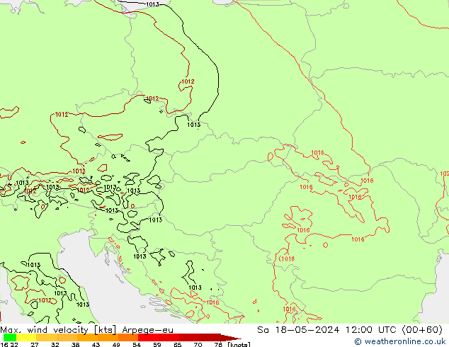 Max. wind velocity Arpege-eu Sa 18.05.2024 12 UTC