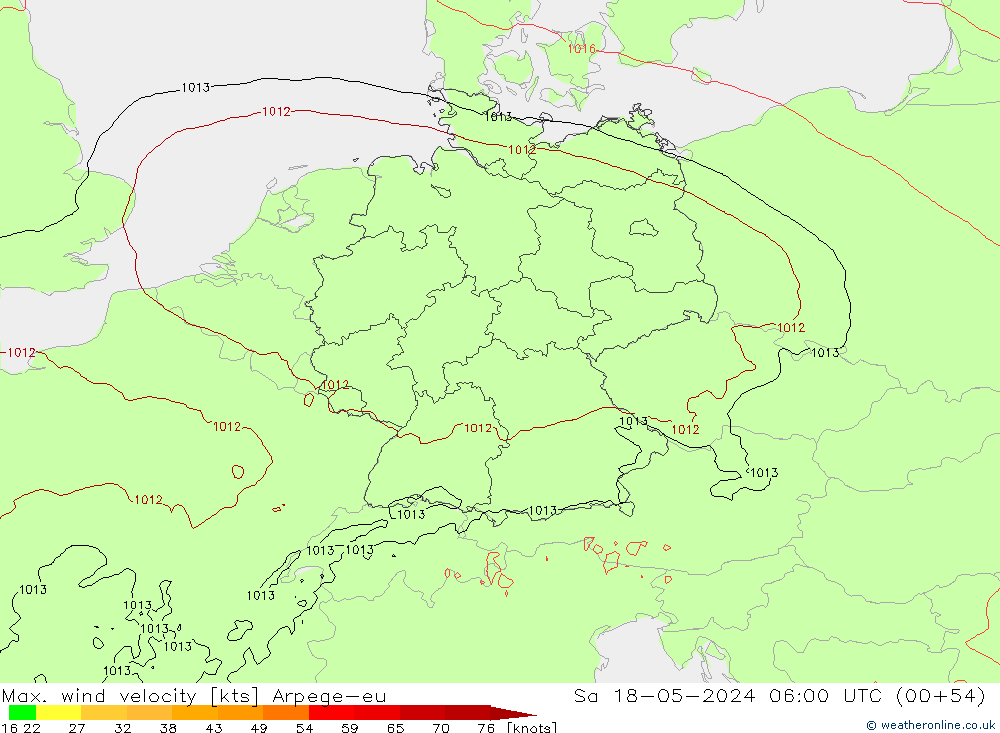 Max. wind velocity Arpege-eu  18.05.2024 06 UTC