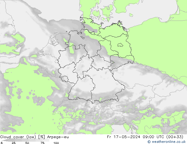 Cloud cover (low) Arpege-eu Fr 17.05.2024 09 UTC