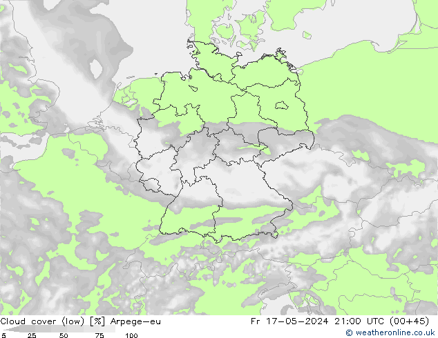 Bewolking (Laag) Arpege-eu vr 17.05.2024 21 UTC