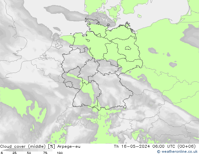 Cloud cover (middle) Arpege-eu Th 16.05.2024 06 UTC